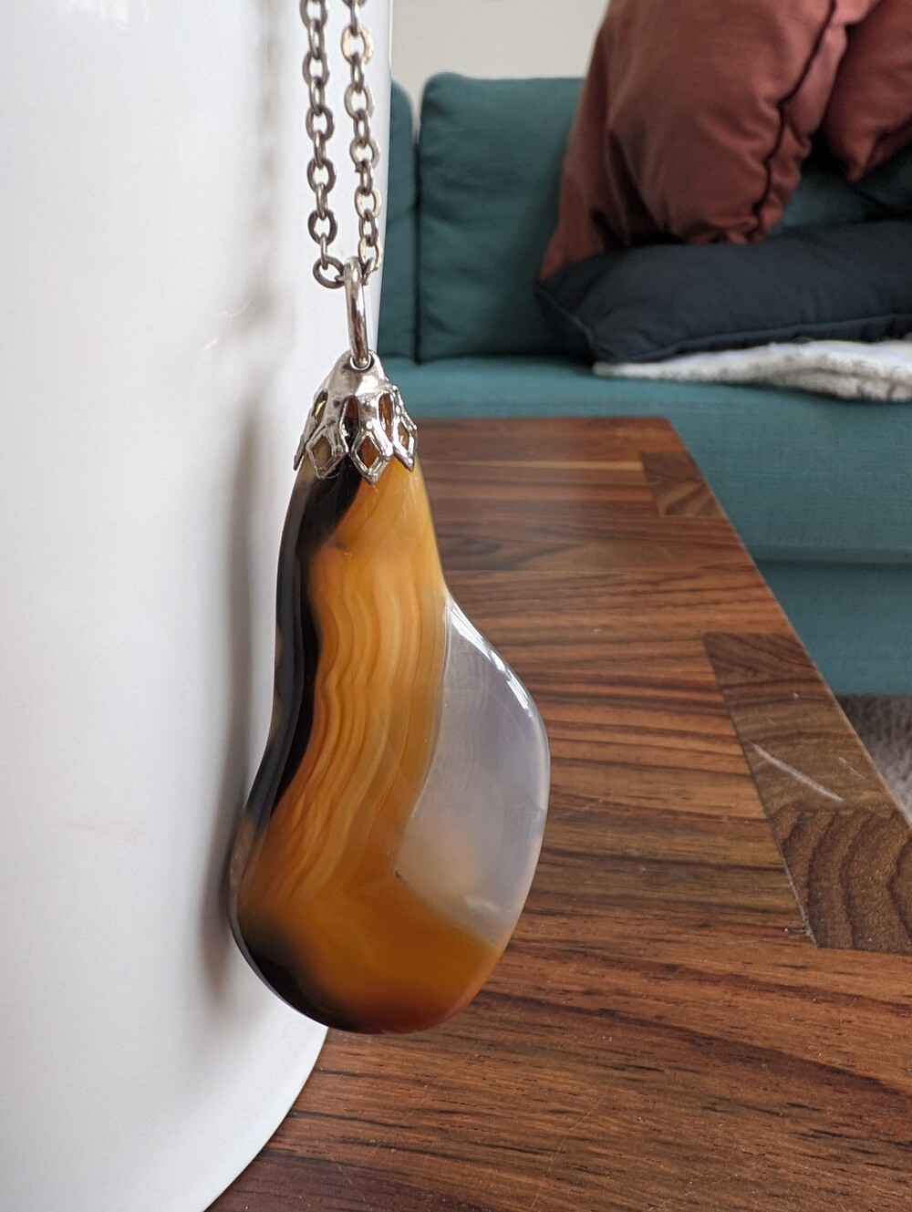 Vintage Polished Banded Agate Statement Pendant Necklace Natural Stone Boho
